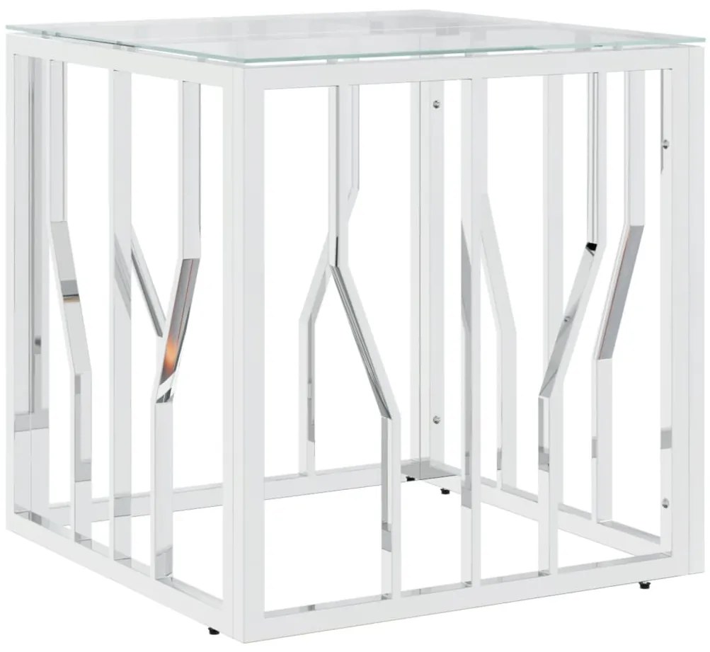 350041 vidaXL Кафе маса, сребриста, 50x50x50 cм, неръждаема стомана и стъкло