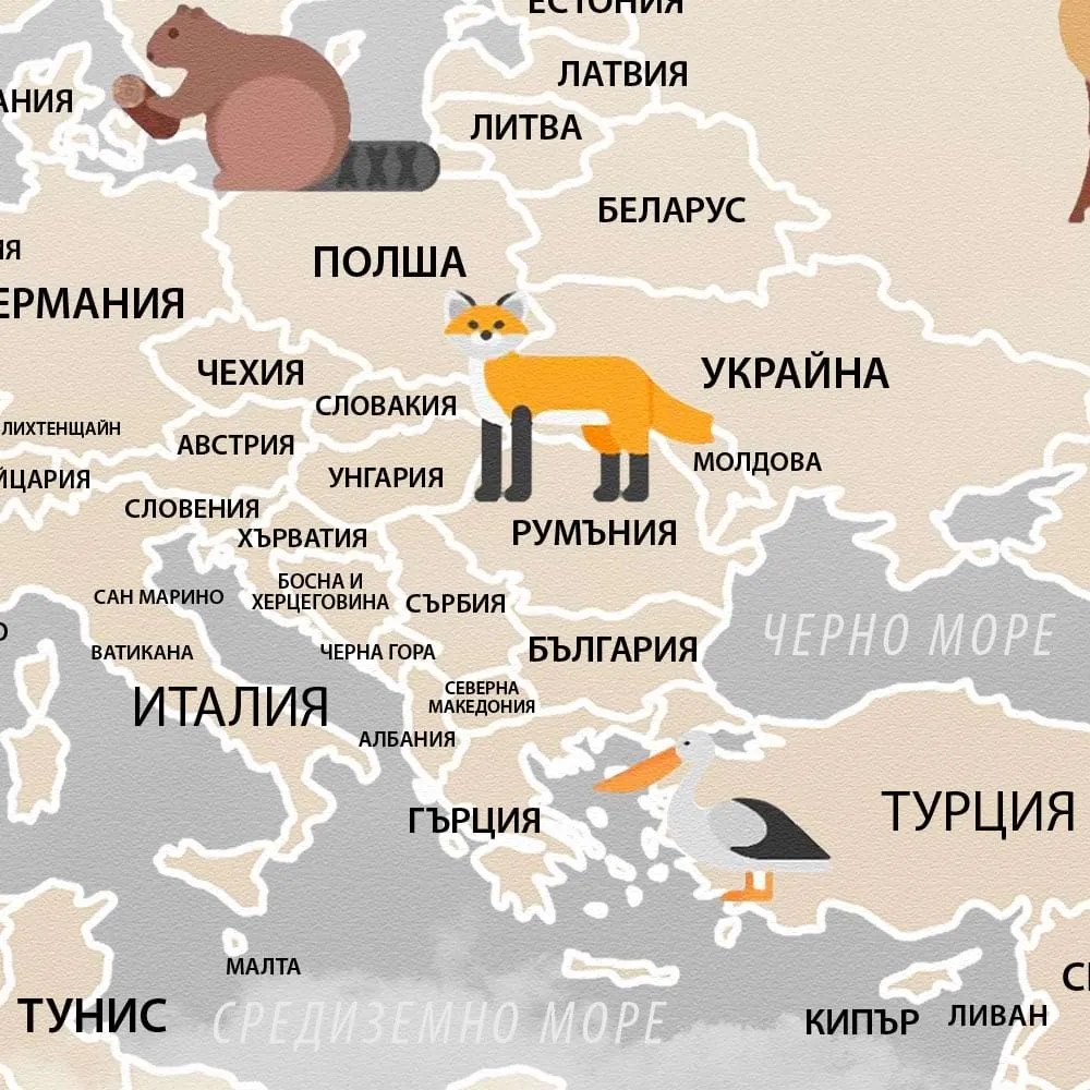 Фототапет Карта на Света – Животни и Балони (Български Език)