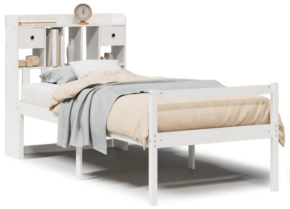 3322040 vidaXL Легло с рафтове за книги, без матрак, бял, 75x190 см, бор масив