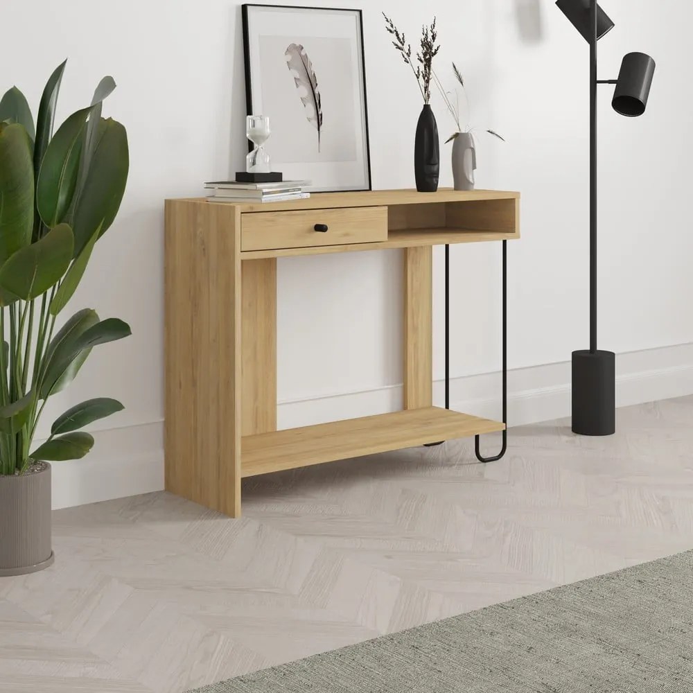 Конзолна маса с плот в дъбов декор в естествен цвят 35x100 cm Saturne - Marckeric