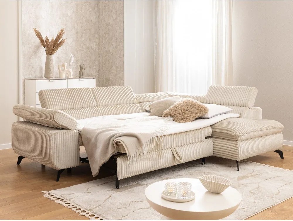 Бежов ъглов диван от рипсено кадифе (десен ъгъл L форма) Marbeya – Ropez