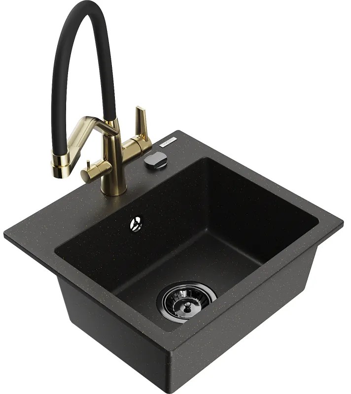 Mexen Milo гранитна мивка с 1 камера и кухненски смесител Duo, черно/златист металик - 6505-75-671701-57-B