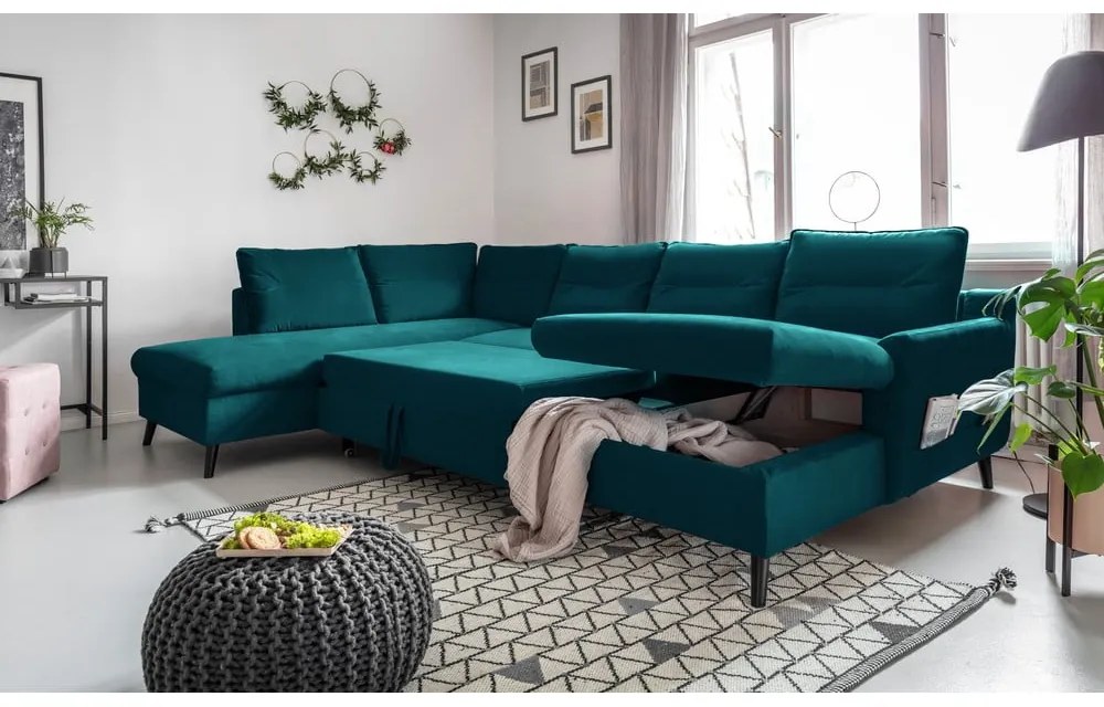 Тюркоазено кадифе, U-образен разтегателен диван, ляв ъгъл Stylish Stan - Miuform