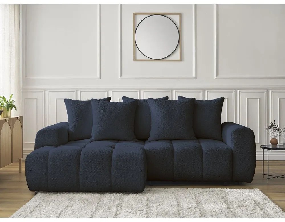 Син сгъваем/с място за съхранение ъглов диван от прежда с примки от букле (ляв ъгъл) Roxelane – Bobochic Paris