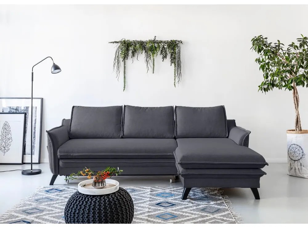 Антрацитен ъглов разтегателен диван, десен ъгъл Charming Charlie - Miuform