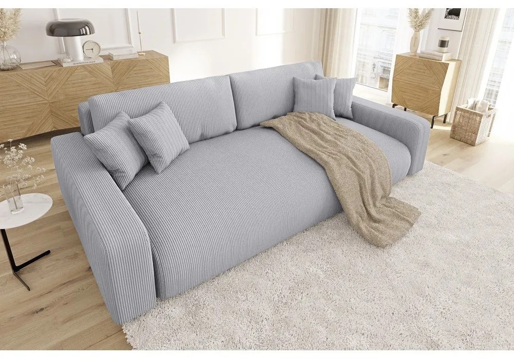 Светлосив разтегателен диван с място за съхранение от рипсено кадифе 234 cm Sara – Ropez