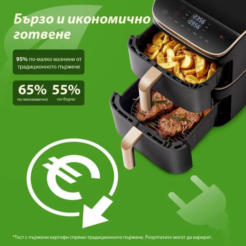 Двоен фритюрник с горещ въздух Cosori Turbo Tower Pro CAF-DC123S, 2630W, 10.8 л, 30-230C, 7 програми, Синхронизиране, Смарт, Черен/шампанско