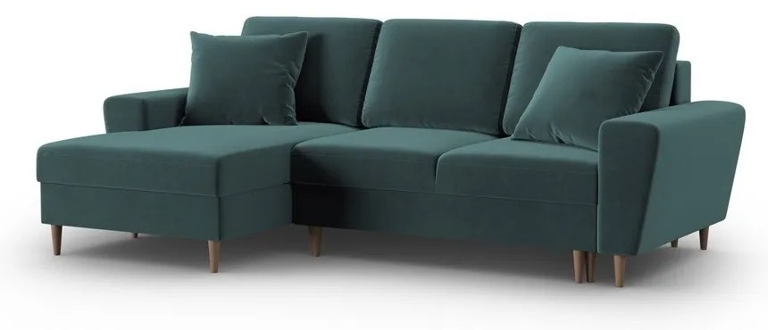 Кадифен разтегателен ъглов диван с място за съхранение в петролен цвят (ляв ъгъл) Kyoto – Cosmopolitan Design