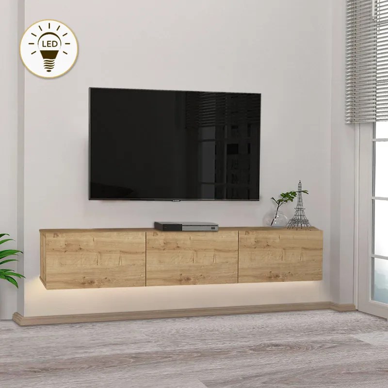 Дамла меламинов стенен ТВ шкаф с LED осветление в цвят сапфирен дъб 180x29.5x29.5см.