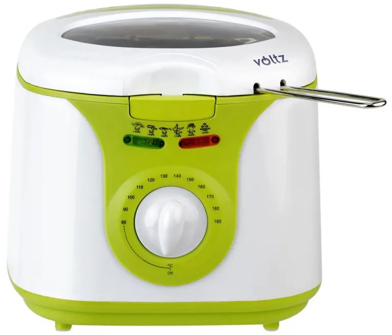 Фритюрник Voltz V51980A, 2 литра, 1300W, 80-190 C, Незалепващ съд, Бял/зелен