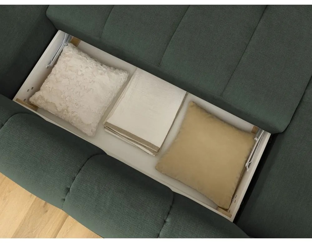 Зелен сгъваем/с място за съхранение ъглов диван (десен ъгъл/U форма) Fuji – Bobochic Paris