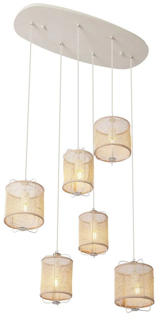 Japandi висяща лампа бежова с текстилни абажури 6 светлини - Yente