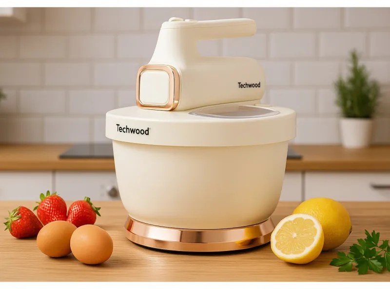 Миксер с купа Techwood TMB-340, 500W, 6 скорости, 2x 3.5 л, Капак против пръски, Бял/Шампанско