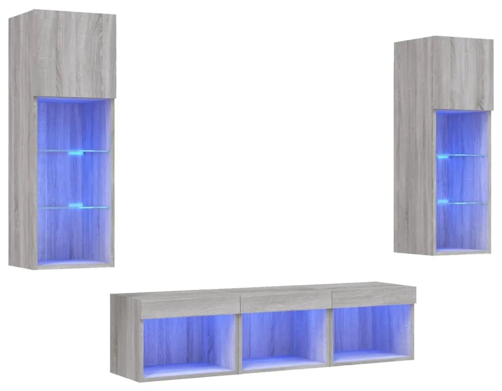 3216602 vidaXL ТВ стенни модули с LED, 5 части, сив сонома, инженерно дърво