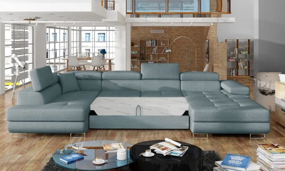 Светлосин разтегателен ъглов диван с място за съхранение (ляв ъгъл U форма) Rodrigo – ELTAP