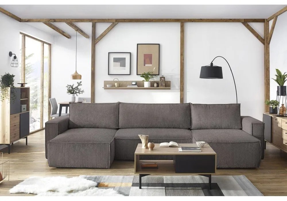 Тъмносив велурен U-образен разтегателен диван Nihad - Bobochic Paris