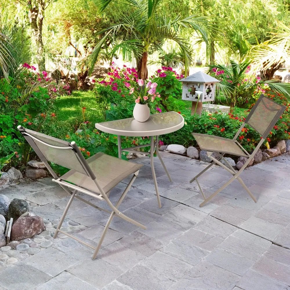 Полукръгла балконска маса бежова - стъкло с метална структура