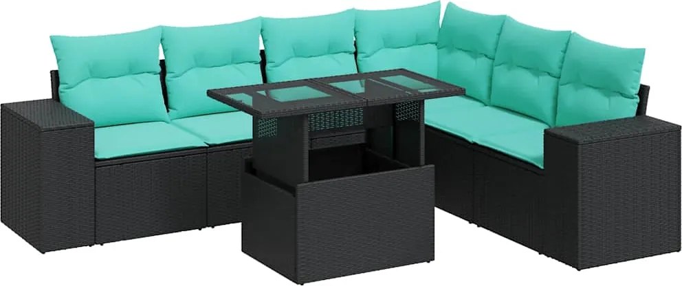 3326808 vidaXL Градински диван с възглавници 7 части черен полиратан акация