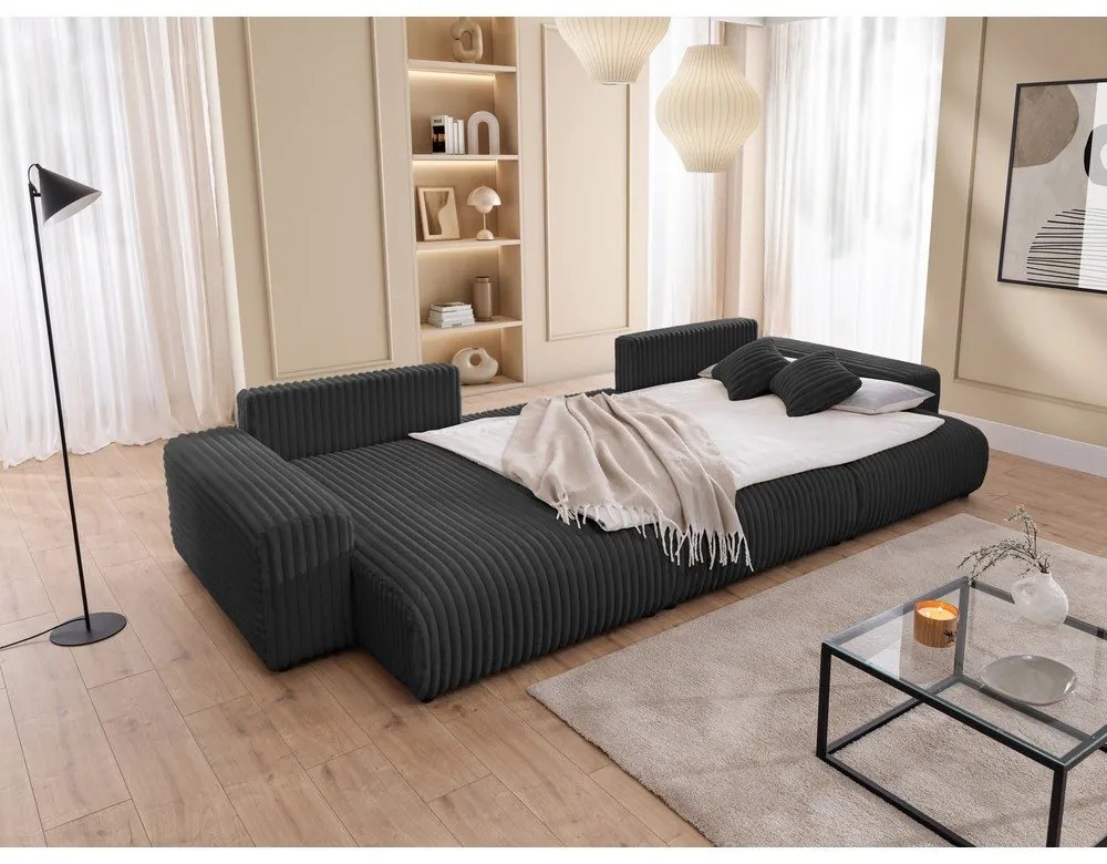 Тъмносив разтегателен ъглов диван с място за съхранение от рипсено кадифе (U форма) Sarina – Ropez