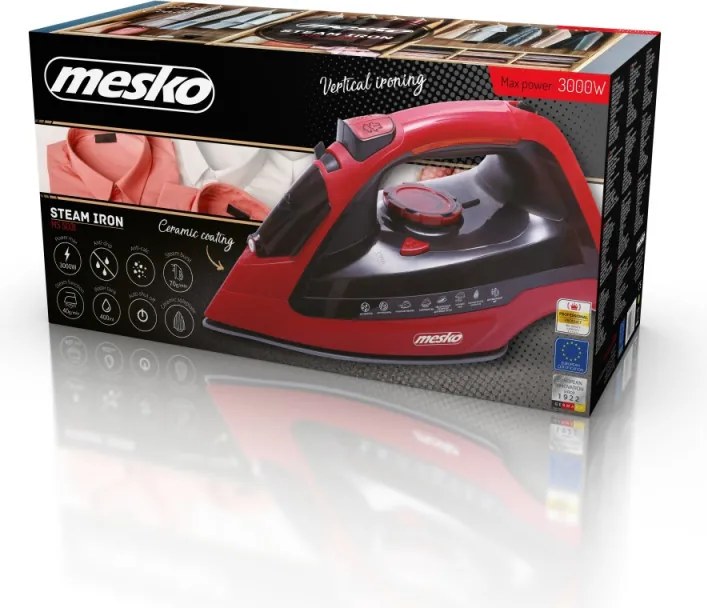 Втора ръка: Ютия Mesko MS 5031, 3000W, Керамика, Автоматично изключване, С-ма против варовик, Червен/черен
