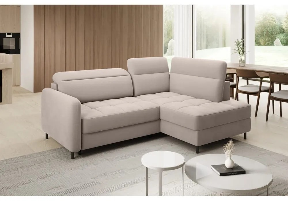 Светлокафяв кадифен разтегателен ъглов диван с място за съхранение (десен ъгъл L форма) Barea – ELTAP