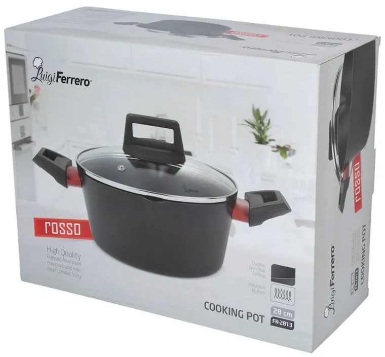 Тенджера Luigi Ferrero Rosso FR-2813, 28x13.5 см, 6.7 л, Незалепващо покритие, Стъклен капак с отвор за пара, Индукция, Черен