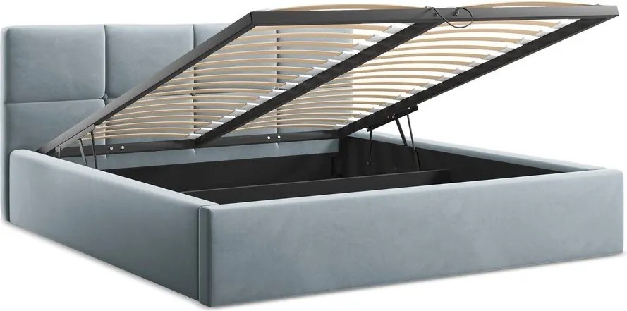 Светлосиньо кадифено двойно легло 140x200 cm тапицирано с място за съхранение и включена подматрачна рамка Hiko – Makamii