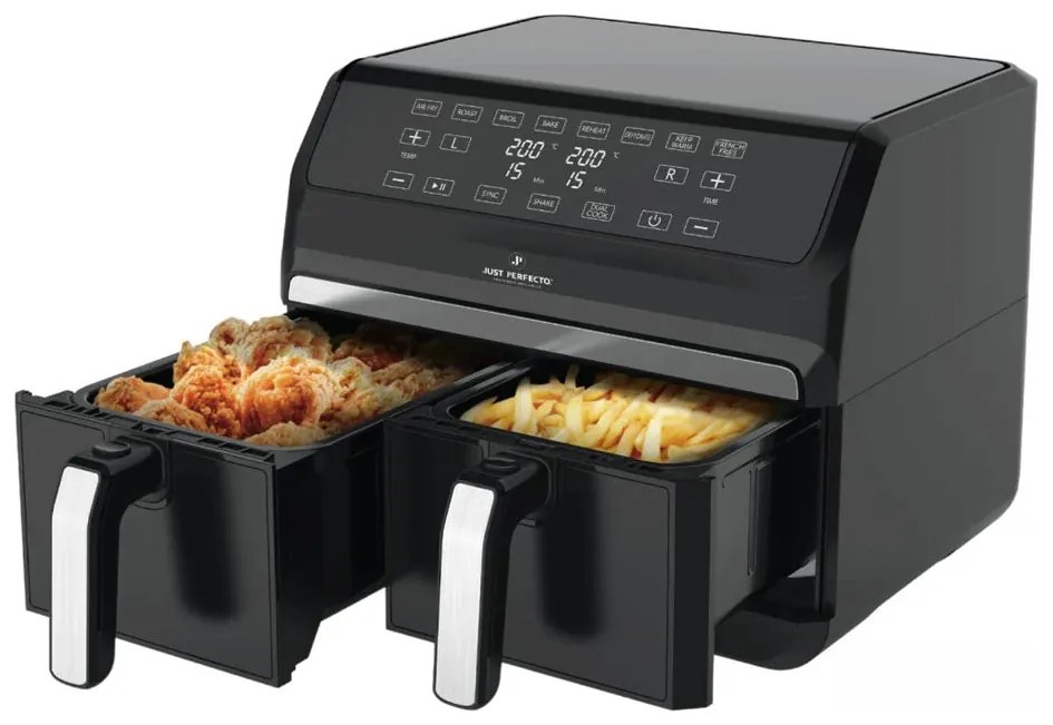 Фритюрник с горещ въздух JUST PERFECTO JP 1980 JL09 , 1700W, 8 литра, 8 програми, Две кошници, Плоча за грил, Черен