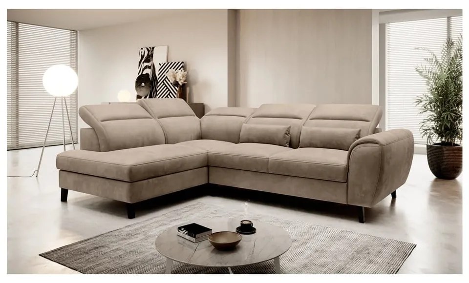 Светлокафяв кадифен разтегателен ъглов диван с място за съхранение (ляв ъгъл L форма) Noble – ELTAP