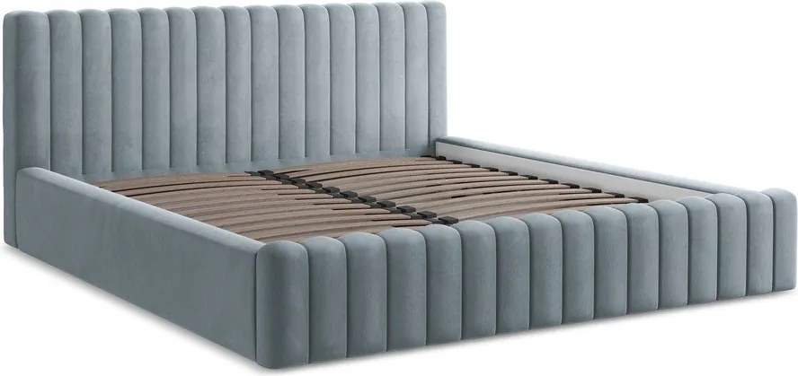 Светлосиньо двойно легло 180x200 cm тапицирано с място за съхранение с включена подматрачна рамка Lemi – Makamii