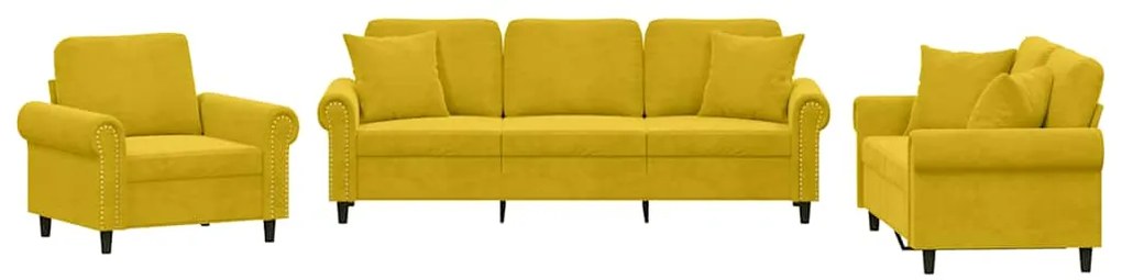 3202196 vidaXL Комплект дивани от 3 части с възглавници, жълт, кадифе