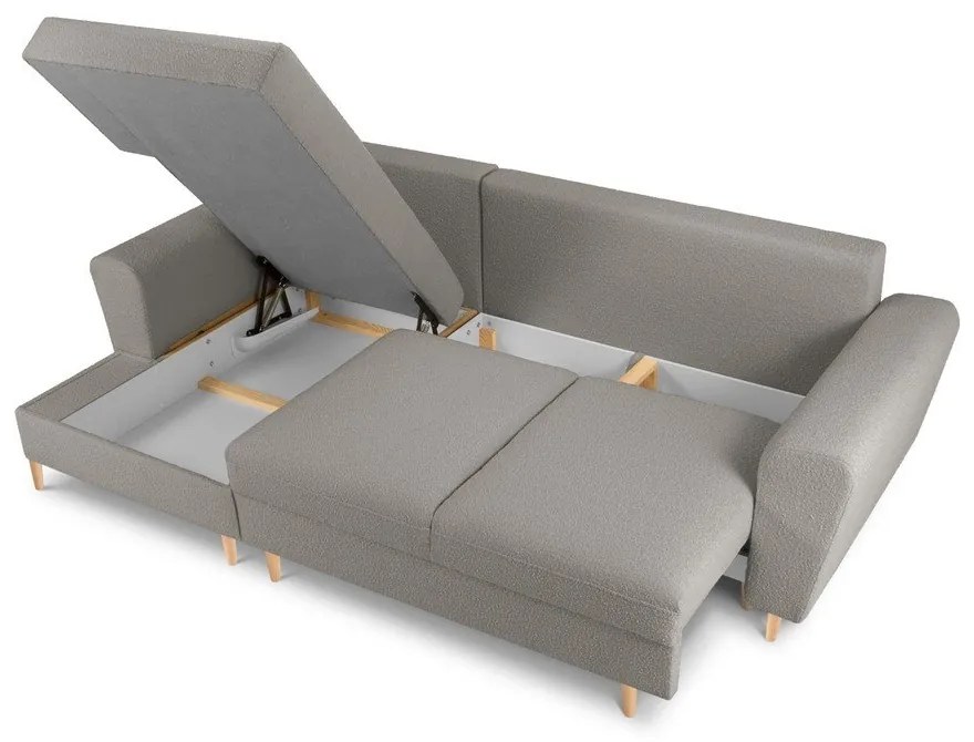 Светлосив разтегателен ъглов диван с място за съхранение от прежда с примки от букле (ляв ъгъл) Kyoto – Cosmopolitan Design