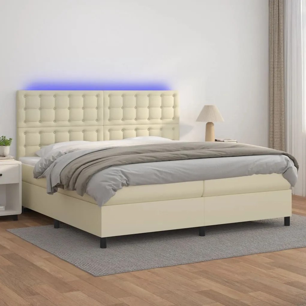 3135965 vidaXL Боксспринг легло с матрак LED кремаво 200x200см изкуствена кожа