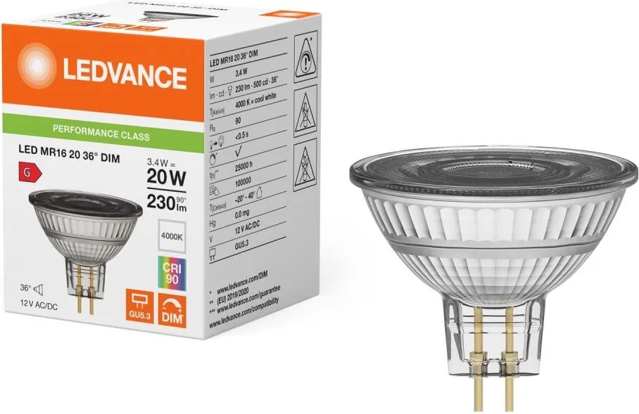 LED димируема рефлекторна крушка MR16 GU5,3/3,4W/12V 4000K 36° CRI 90 - Ledvance
