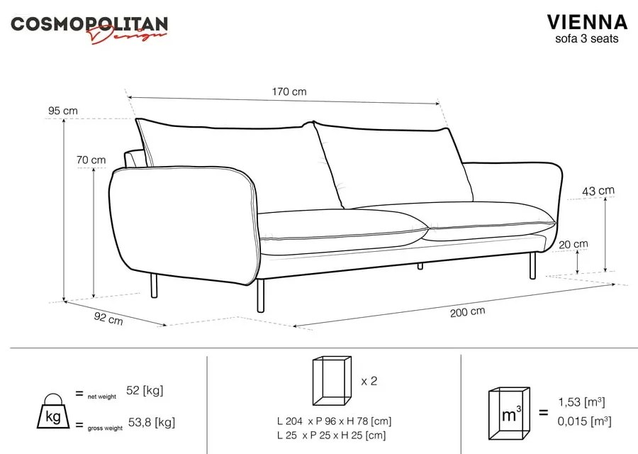 Светлосин кадифен диван 200 cm Vienna - Cosmopolitan Design