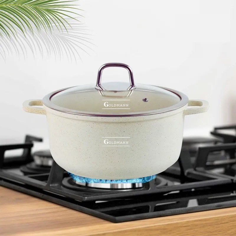 Тенджера Goldmann GM-0324B, 4.5 л, 24 см, Мраморно покритие, Стъклен капак с отвор за пара, Индукция, Бежов