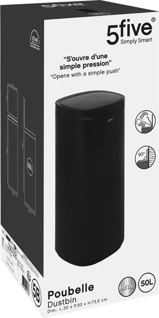 Кош 5five, Кръгъл, Инокс, Пуш бутон, 50 L - Черен