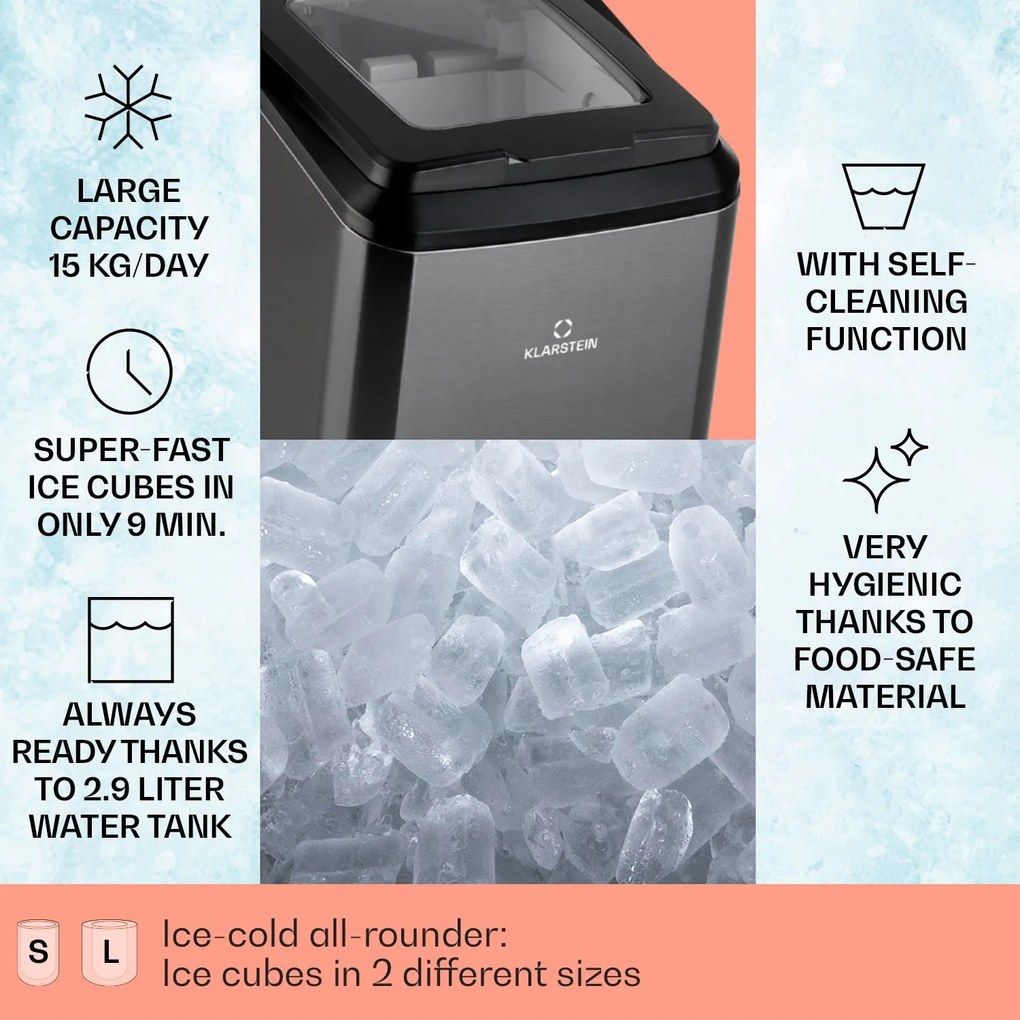 Klarstein Partytime, машина за лед, чист лед, 15 кг / 24 часа, неръждаема стомана