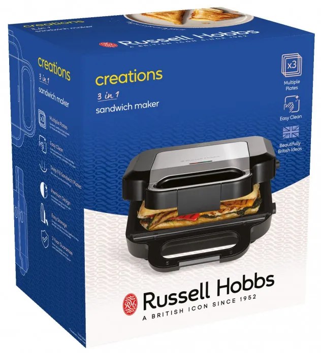 Уред 3в1 Russell Hobbs Creation 26810-56, 750W, 3 подвижни плочи, Грил, Вафли, Сандвичи, Неръждаема стомана, Черен