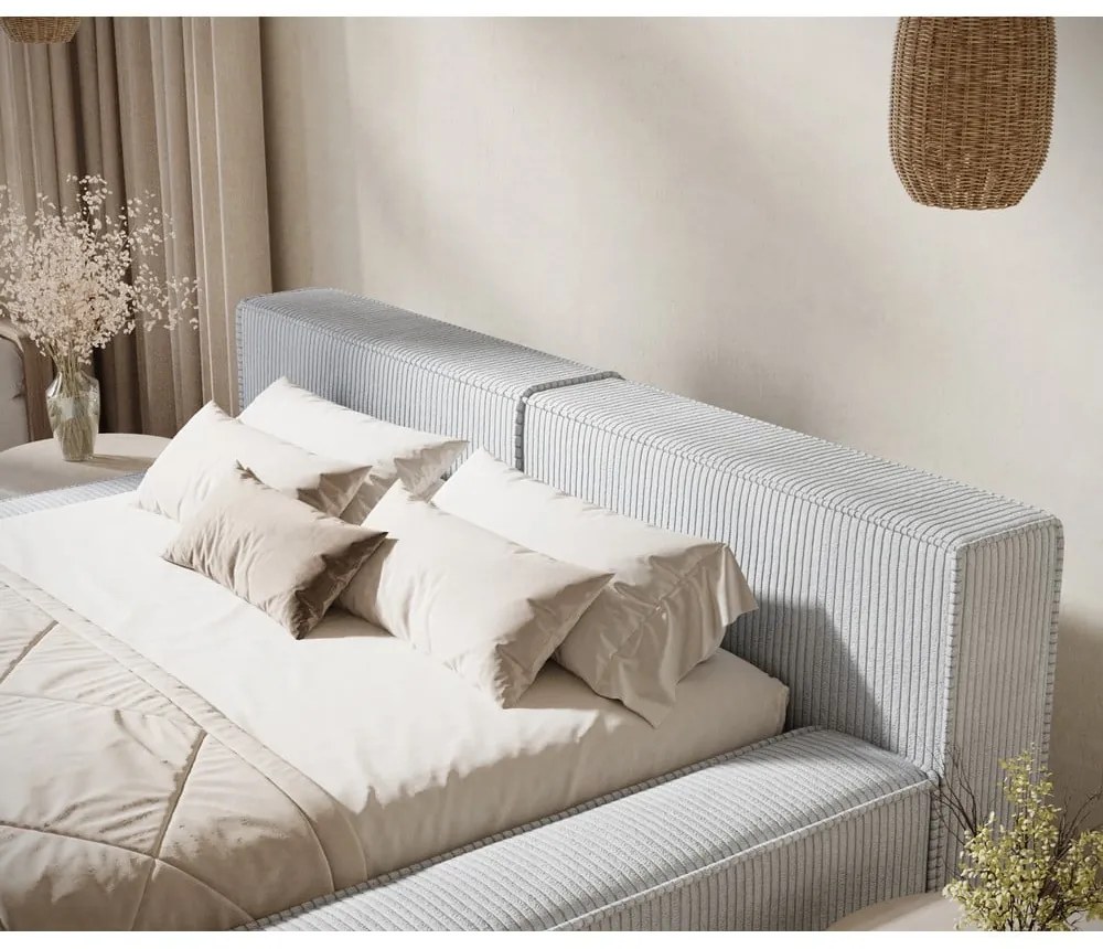 Светлосиво двойно легло 140x200 cm тапицирано с място за съхранение с включена подматрачна рамка Voliera – Maison de Rêve