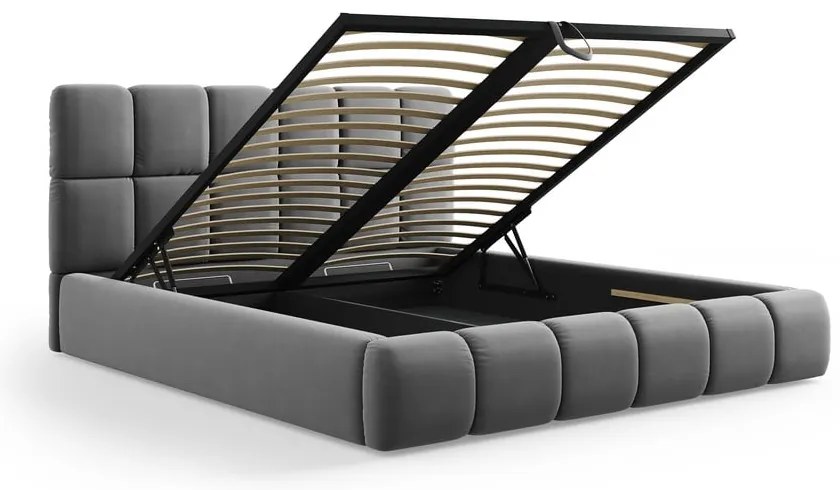 Сиво тапицирано кадифено двойно легло с място за съхранение с включена подматрачна рамка 140x200 cm Bellis – Micadoni
