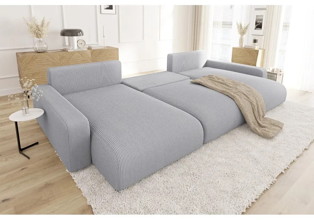 Светлосив ъглов диван с място за съхранение от рипсено кадифе Sara – Ropez