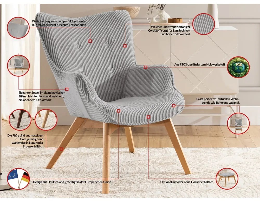 Сив фотьойл с табуретка от рипсено кадифе Niko – Ropez