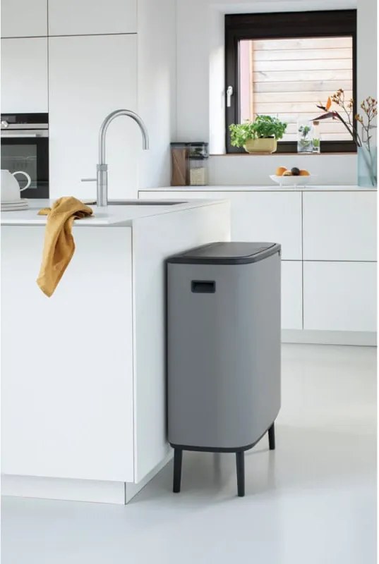 Кош за боклук Brabantia Bo Touch Hi 1001266, 2x30 л, Плътно прилепване към стена, Реглаж на краката, Минерално покритие, Сив
