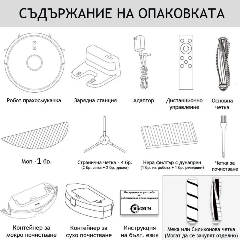 Прахосмукачка робот MAGNUM ONE, Li-Ion 2600 mAh, 30 W, 2700 Pa, Сухо и мокро почистване, 3-степенна филтрация, Wi-Fi, Гласов контрол, Бял