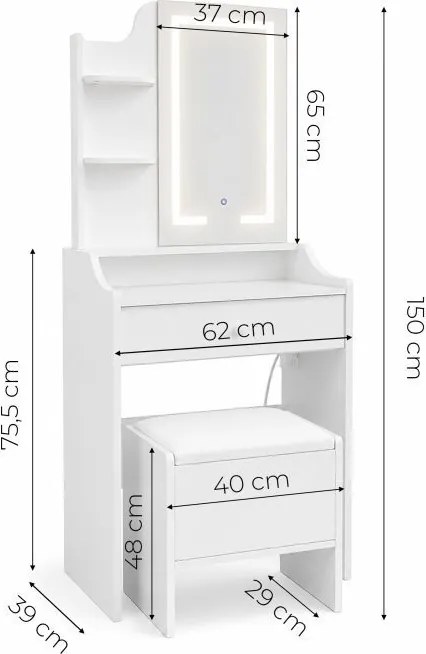 Тоалетка с LED огледало – табуретка, чекмедже, 2 рафта