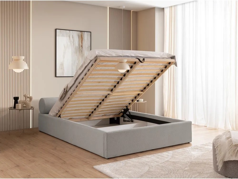 Светлосиво тапицирано двойно легло с място за съхранение и включена подматрачна рамка 160x200 cm Cille – Ropez