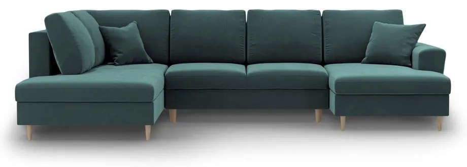 Кадифен разтегателен ъглов диван с място за съхранение в петролен цвят (ляв ъгъл/U форма) Kyoto – Cosmopolitan Design