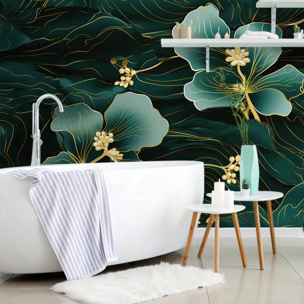 Тапет – Луксозно зелено-златно цвете