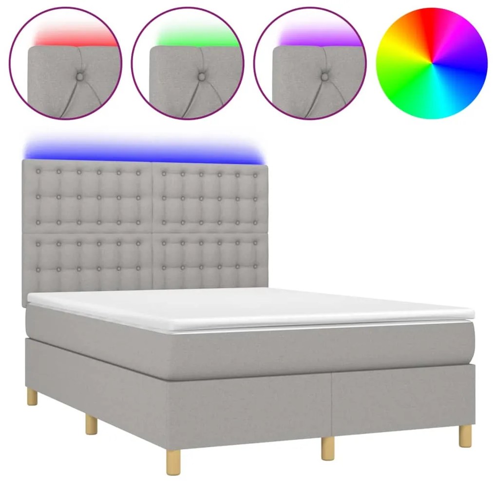 3135757 vidaXL Боксспринг легло с матрак и LED, светлосиво, 140x200 см, плат